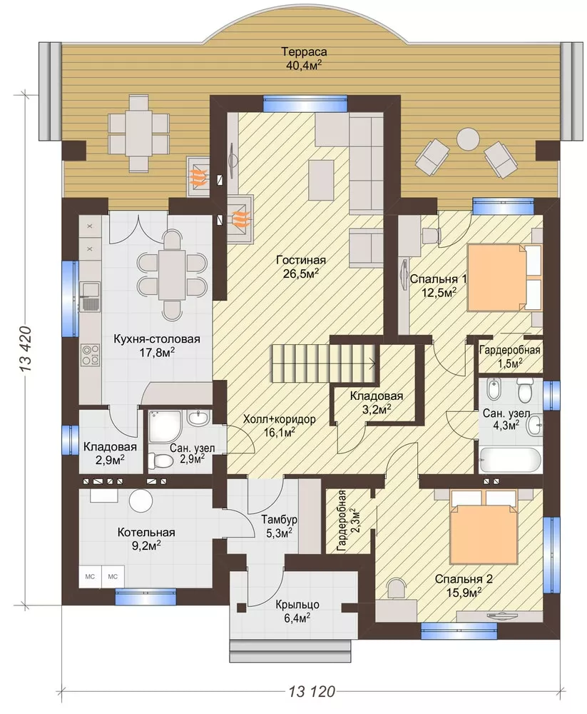 Планировка одноэтажного дома с 4 спальнями и сауной